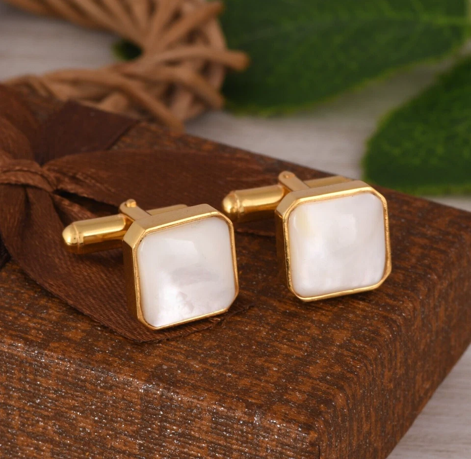 Square Shape Mother Of Pearl Gold Plated 925 Silver Gemstone Cufflinks For Men's - Image 1 of 4