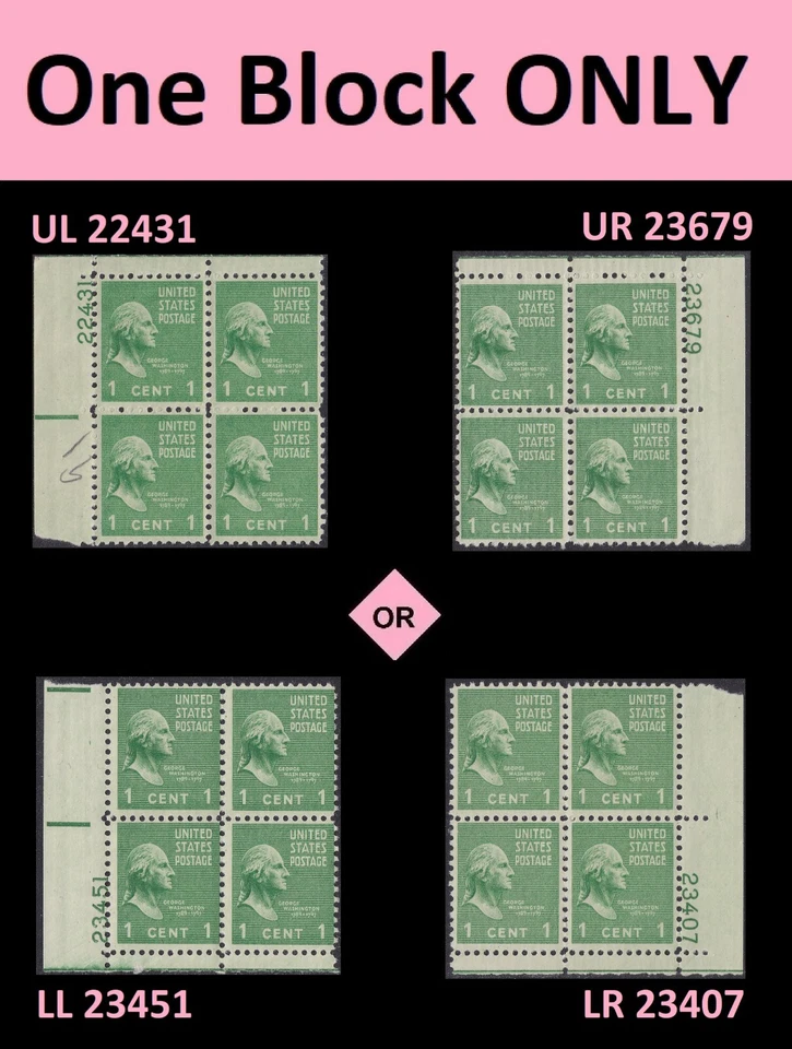 US 804 Presidential George Washington 1c plate block 4 MNH 1938 - Image 1 of 1