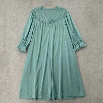 VTG Vanity Fair Nightgown Womens LARGE Button Up Long Sleeve Nylon Teal Blue - Image 1 of 4