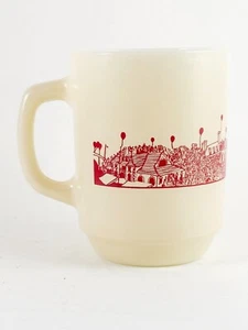 Vintage Anchor Hocking Milk Glass Mug Red Town City Celebration Design - Picture 1 of 11
