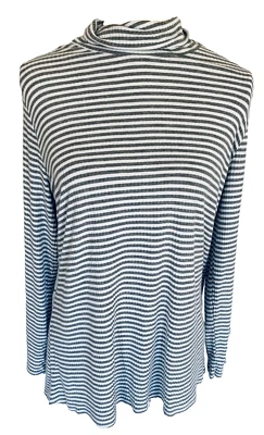 Faded Glory Women’s Large Blouse Knit Striped Gray White Turtleneck Long Sleeves - Image 1 of 4