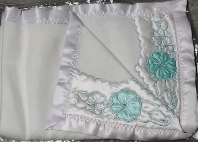 Vintage Baby Blanket White Satin Trim Embroidered Flowers Acrylic 44"x35" USA - Image 1 of 4