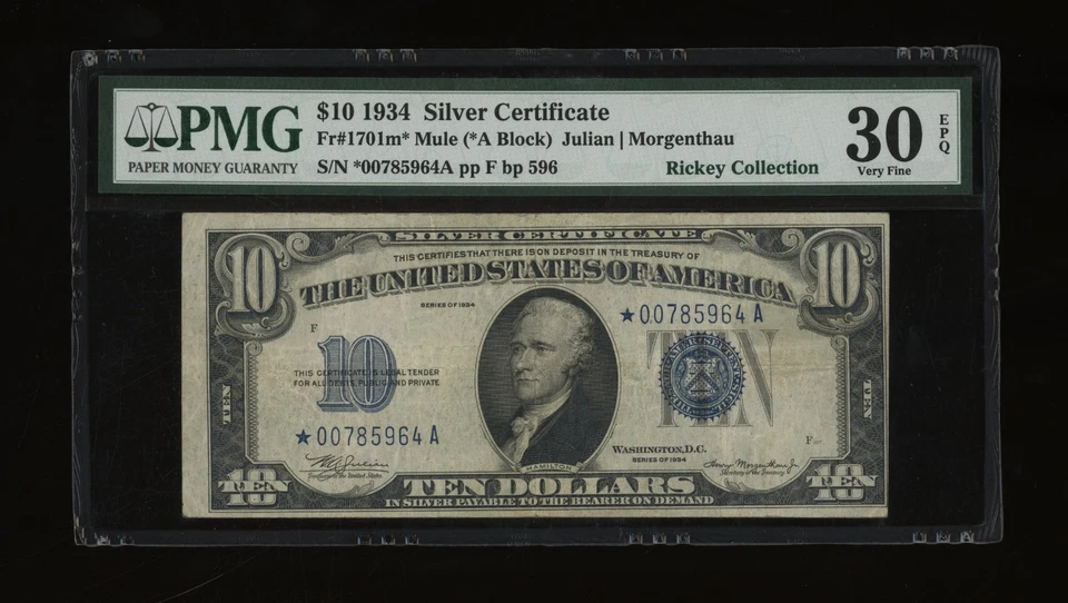 DBR 1934 $10 Silver Mule STAR Fr. 1701m* PMG 30 EPQ Serial *00785964A - Image 1 of 2