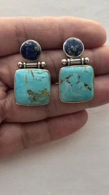 925 Sterling Silver  Dark Blue And Turquoise Dangle Earrings - Image 1 of 4