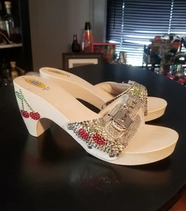 Dr Scholls Wooden Platform Sandals Swarovski Crystal Cherries Rockabilly 7  - Picture 1 of 14