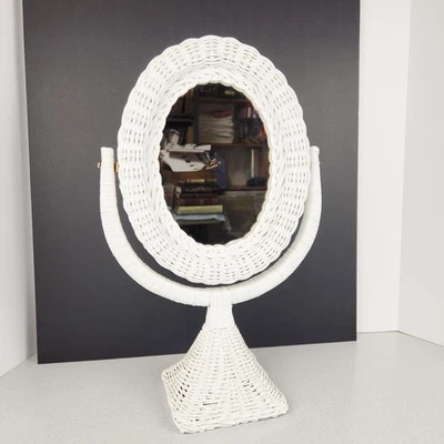 Wicker Table Top Mirror White Oval Tilting 17" Vanity Cottage Decor Woven - Image 1 of 4