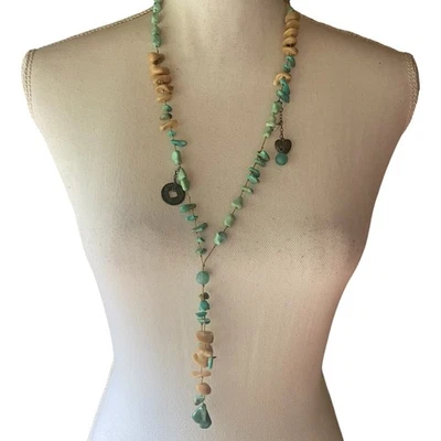 turquoise nugget bone beaded knotted y style charm necklace 28" boho earthy - Image 1 of 4
