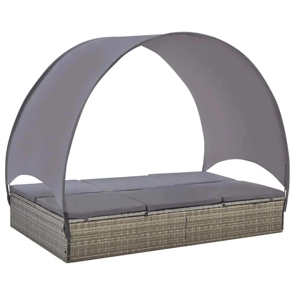 vidaXL Double Sun Lounger With Canopy Poly Rattan Gray
