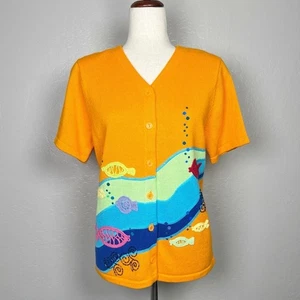 BRECKENRIDGE Damen Gr. S Orange Kurzarm V-Ausschnitt Strickjacke Pullover Fisch - Bild 1 von 10