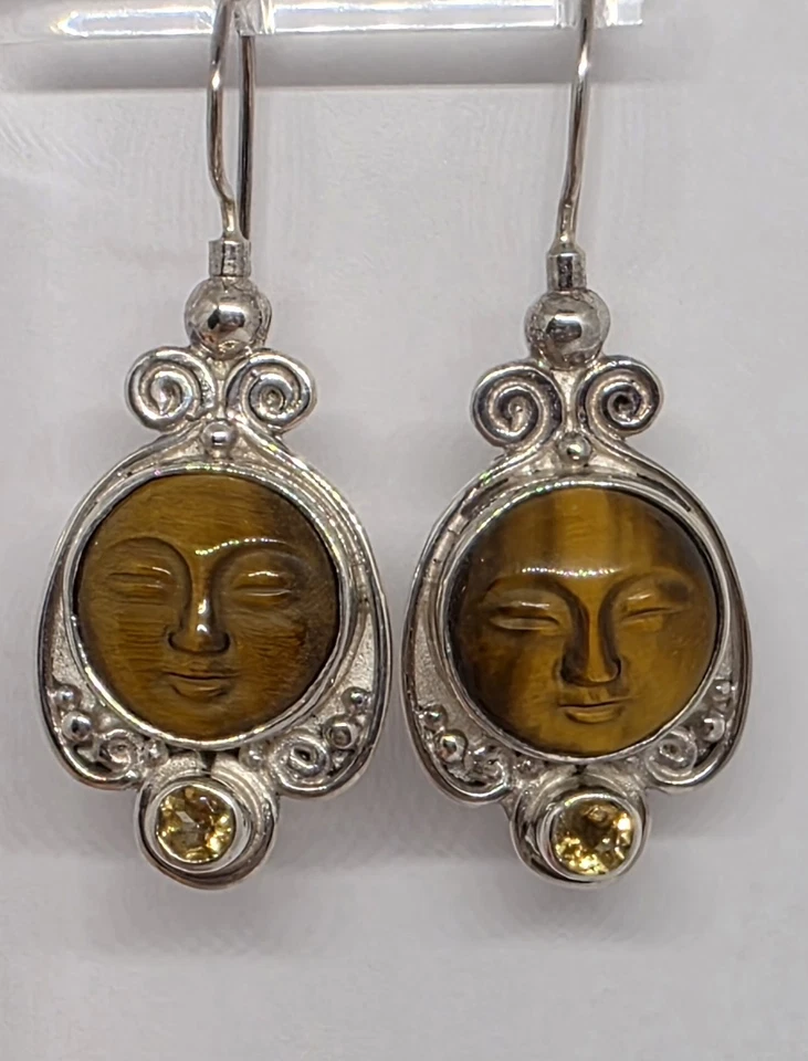 Висячие серьги Sajen с резным тигровым глазом и бразильским цитрином (925 SS) - Изображение 1 из 4