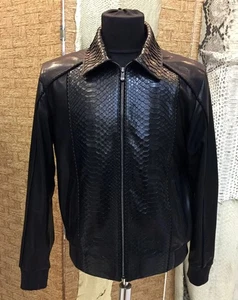 Men’s Genuine Leather Jacket Black Bomber Python Embossed Trim Luxury Jacket - Picture 1 of 9