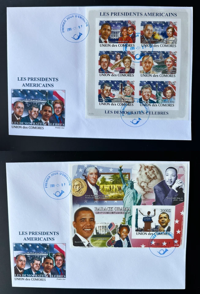 Comores Comoros 2008 FDC USA President Obama Clinton Kennedy Washington IMPERF - Image 1 of 1