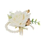 White 2 Silk Rose 4" Wrist Corsages with Pearls Artificial Flowers Wedding