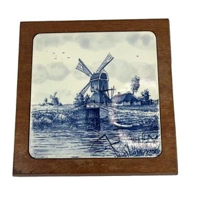 Delftware Blue Ceramic Tile Wooden Frame Trivet Hand Painted 7.5" - Picture 1 of 11