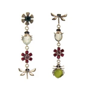 Chico’s Dragonfly Flower Earrings Gold CZ Asymmetric Cascade Beetle Bug Insect - Picture 1 of 10