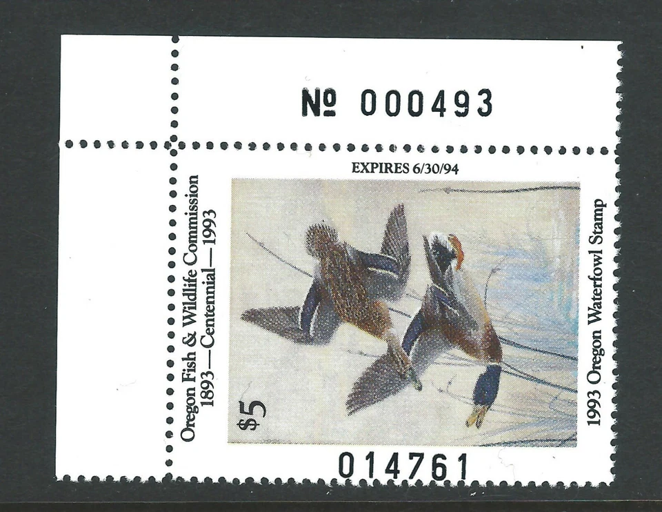 Bigjake: OR11, $5.00 Mallards, 1993, Oregon State Duck Stamp - Image 1 of 1
