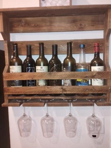 Wall Mounted Wood Wine Rack Bar Shelf Display with Bottle Stemware Glass Holder - Picture 1 of 1