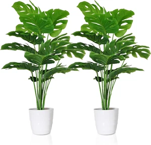 Set of 2 Artificial Monstera Deliciosa Plants in Pots, Fake Tropical Palm Tree w - Picture 1 of 12