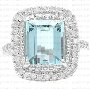 Emerald Cut 7.00ct 18K White Gold Over Natural Aquamarine & Diamond Elegant Ring - Picture 1 of 21