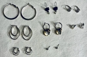 Lot of 8 Pairs of Pierced Earrings Mix Assorted Silver Tone Hoops Drops More - Picture 1 of 12