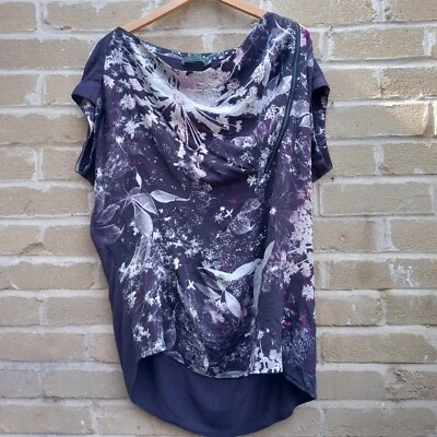 mint velvet 16 Silk Front Top Asymmetric Zip Floral Botanical Dark Purple - Image 1 of 4