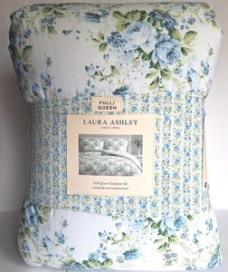 Laura Ashley Blue Floral Roses 92 x 96” Full/Queen Comforter Set Cotton 2 Shams - Picture 1 of 14