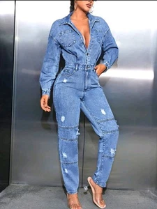 Einteiler Jumpsuit Catsuit Langarm Overall Ganzkörper Bodysuit Denim Jeans S-XXL - Bild 1 von 13