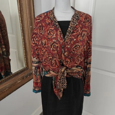 Carole Little Women's 6 Blouse Vintage 80's Muted Earth Tones Roses Cool Buttons - Image 1 of 4