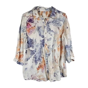 Chicos Shirt Top Women’s 2 Large Button Up 100% Linen Blue Pink Watercolor EUC - Picture 1 of 7