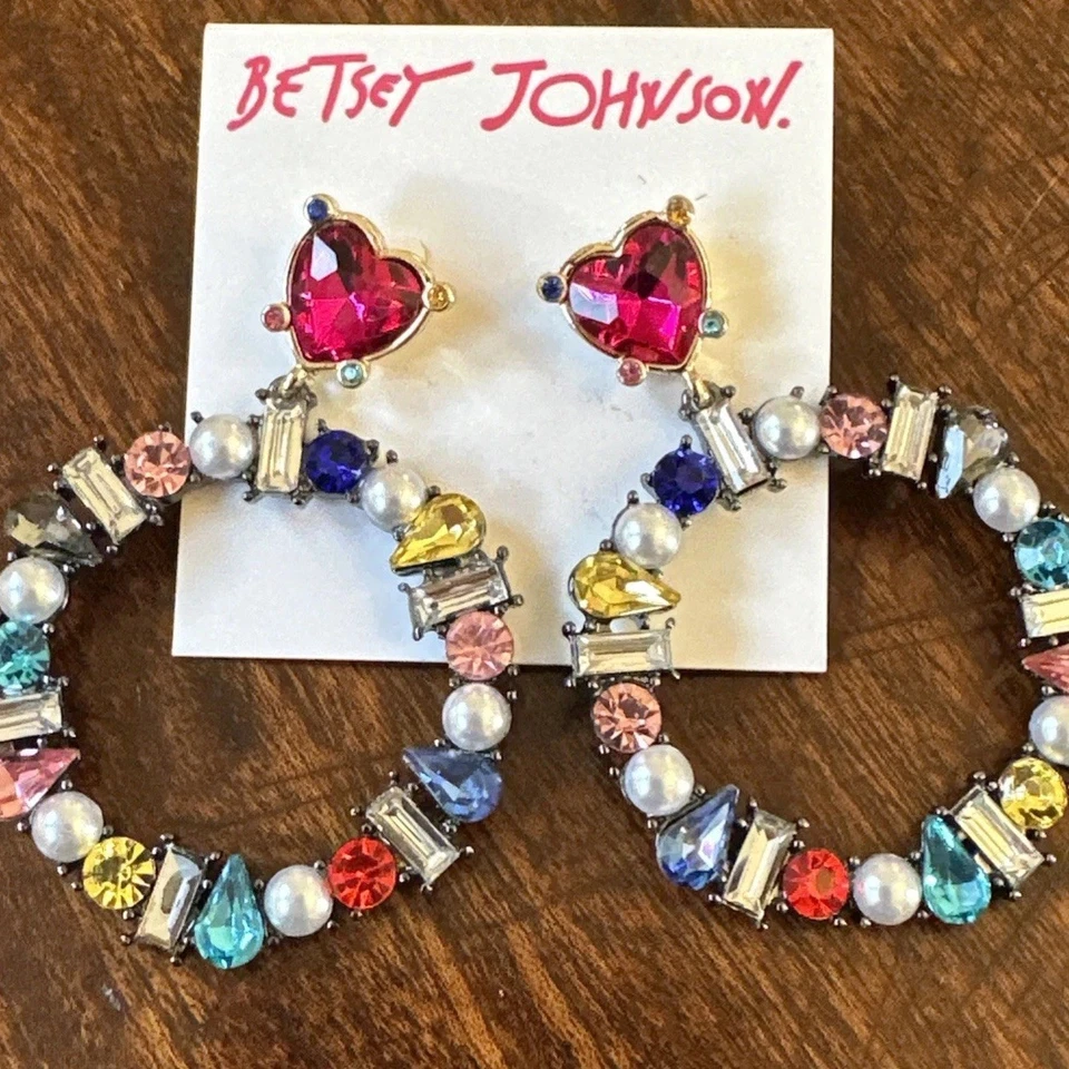 Betsey Johnson "bling Thing" Rainbow Crystal & Pearl Drop Hoop Earrings F200