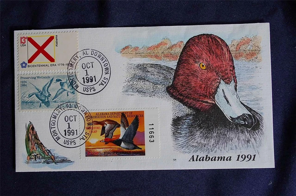 Milford Alabama 1991 $5 Duck Stamp FDC Handpainted Collins Sc#AL13 W/1654 & 2092 - Image 1 of 1