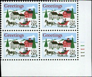 1988 Christmas Greetings Village Plate Block Of 4 25c Stamps, Sc# 2400, MNH, OG - Picture 1 of 1