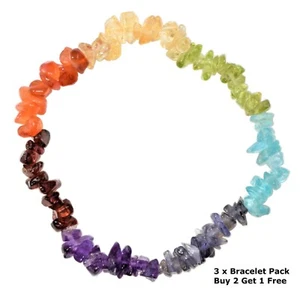 [3] AUFGELADEN 7 Chakra Kristall Chip dehnbare Armbänder + 3 x Selenit Puffy Herzen - Bild 1 von 12