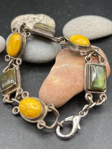 Vintage Sterling Silber 925 Labradorit Butterscotch Bernstein Armband - Bild 1 von 17