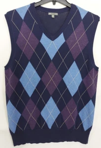 GAP Men Knit Blue Vest Sweater Size L w/light Blue & Purple Rhombus 100%Cotton - Picture 1 of 10