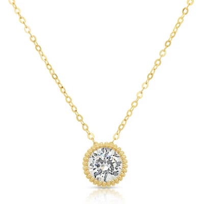 14K Real Solid Gold 1 Carat Solitaire Round Brilliant CZ Pendant Charm Necklace - Image 1 of 4