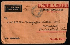 Indo China 1945 1$ green on airmail cover to Puddukotai (India) - Picture 1 of 2