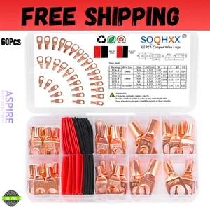 60Pcs Copper Wire Lugs, Battery Cable Ends AWG 4 6 8 10 12 Gauge Wire Connect... - Picture 1 of 8