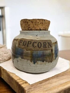 Vintage Handmade Studio Pottery Ceramic Popcorn Jar Cork Lid Artist Signed - Picture 1 of 11