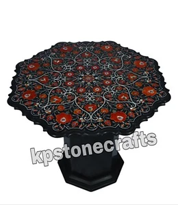 Black Marble Table Top | Handmade Carnelian & Mother of Pearl Inlay - Picture 1 of 4