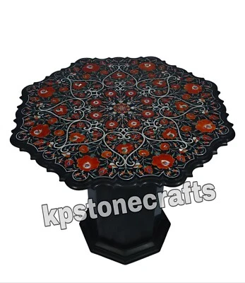 Black Marble Table Top | Handmade Carnelian & Mother of Pearl Inlay - Image 1 of 4