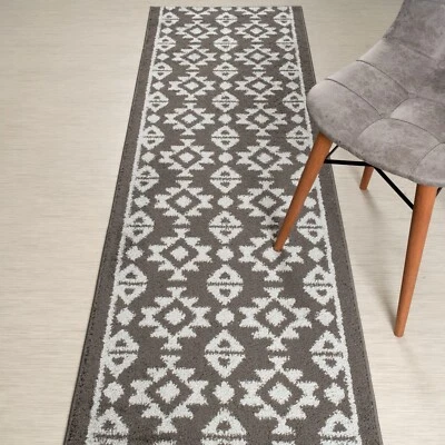 Custom Length Stair Hallway Runner Rug Non Slip Backing, Southwestern Grey - Image 1 of 4