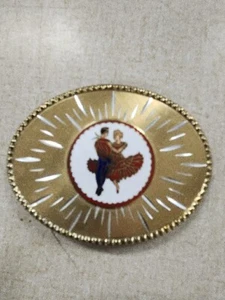 Metal Belt Buckle / Enamel Spanish Dancers Gold Metal Studded Edge USA 2307 BH - Picture 1 of 3