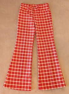 Vintage 1970s Wrangler Plaid Bell Bottom Pants Size 9/10 Red White Gingham - Picture 1 of 20