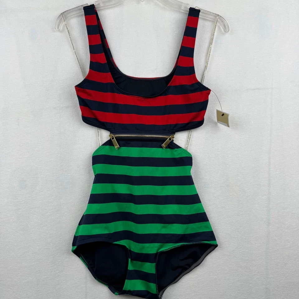 Купальник Michael Kors в полоску из двух частей с вырезом деталь новый с Ярлыками размер 6 взлетно-посадочная полоса на молнии - Изображение 1 из 4