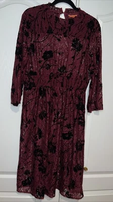 Vestido Modcloth Encaje Borgoña Cuello Alto Midi Elastizado Boho Festival Campesino XL Foto 1 de 4