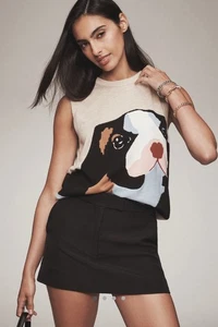 NEU MIT ETIKETT ANTHROPOLOGIE MAEVE ÄRMELLOS ABSTRAKTES HUNDEGESICHT PULLOVER MED - Bild 1 von 9