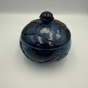 Plato de caramelo vintage de vidrio vikingo azul épico hoja con tapa ¡PERFECTO! - Imagen 1 de 10