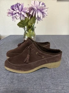 Lands End Suede Shoes Womens 9D Clog Brown Tassel Wedge Mules Sherpa Chalet - Picture 1 of 6