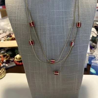 "Collar de 3 capas con cuentas de vidrio dorado y rojo firmado Coldwater Creek 21""" Foto 1 de 4